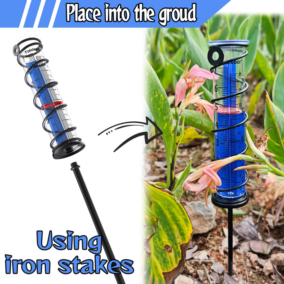 Toiclebor rain gauge with spiral stand ready for wall or ground mounting.