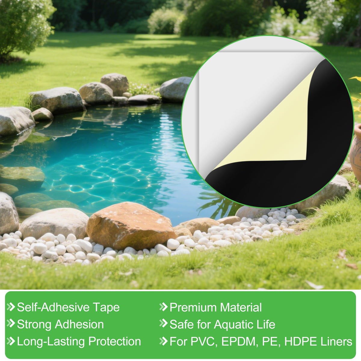ToLanbbt pond liner patch application step shows easy peel-and-stick use.