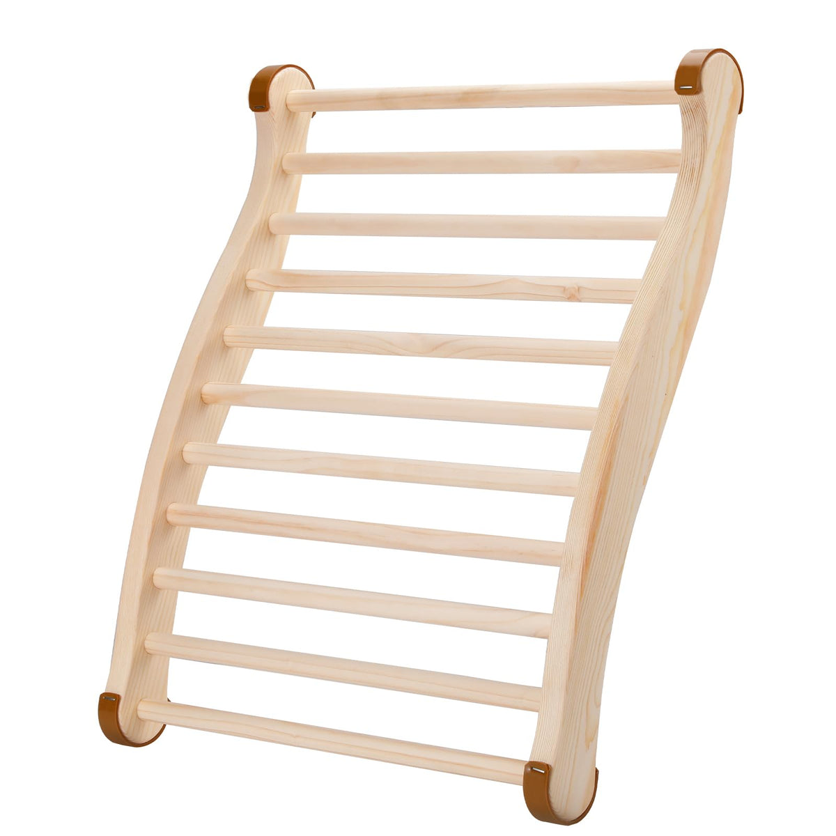 Tolhyun sauna backrest in wooden curve provides ergonomic support during sessions.