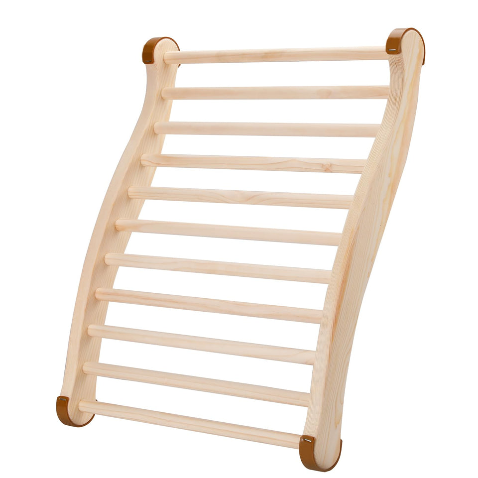 Tolhyun sauna backrest in wooden curve provides ergonomic support during sessions.