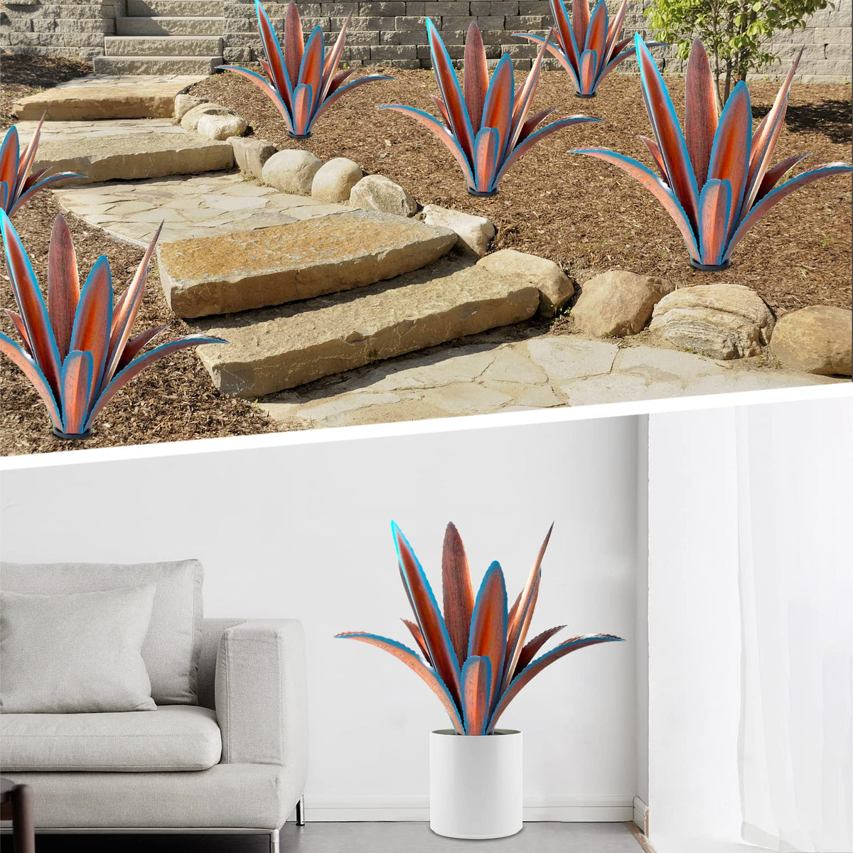 TOMBABY blue metal plant sculpture adds drama to outdoor spaces.