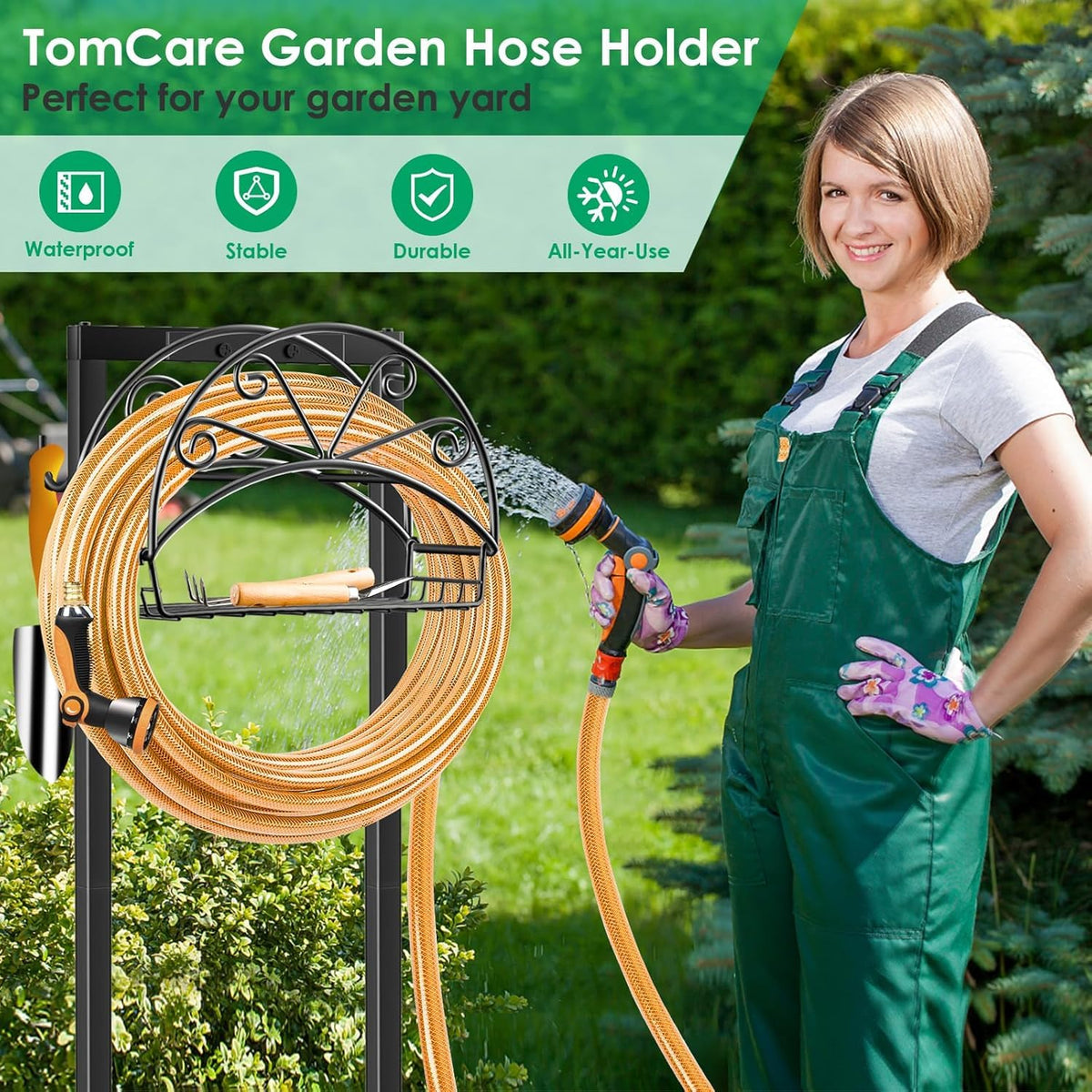 TomCare freestanding hose stand fits corners and small spaces.