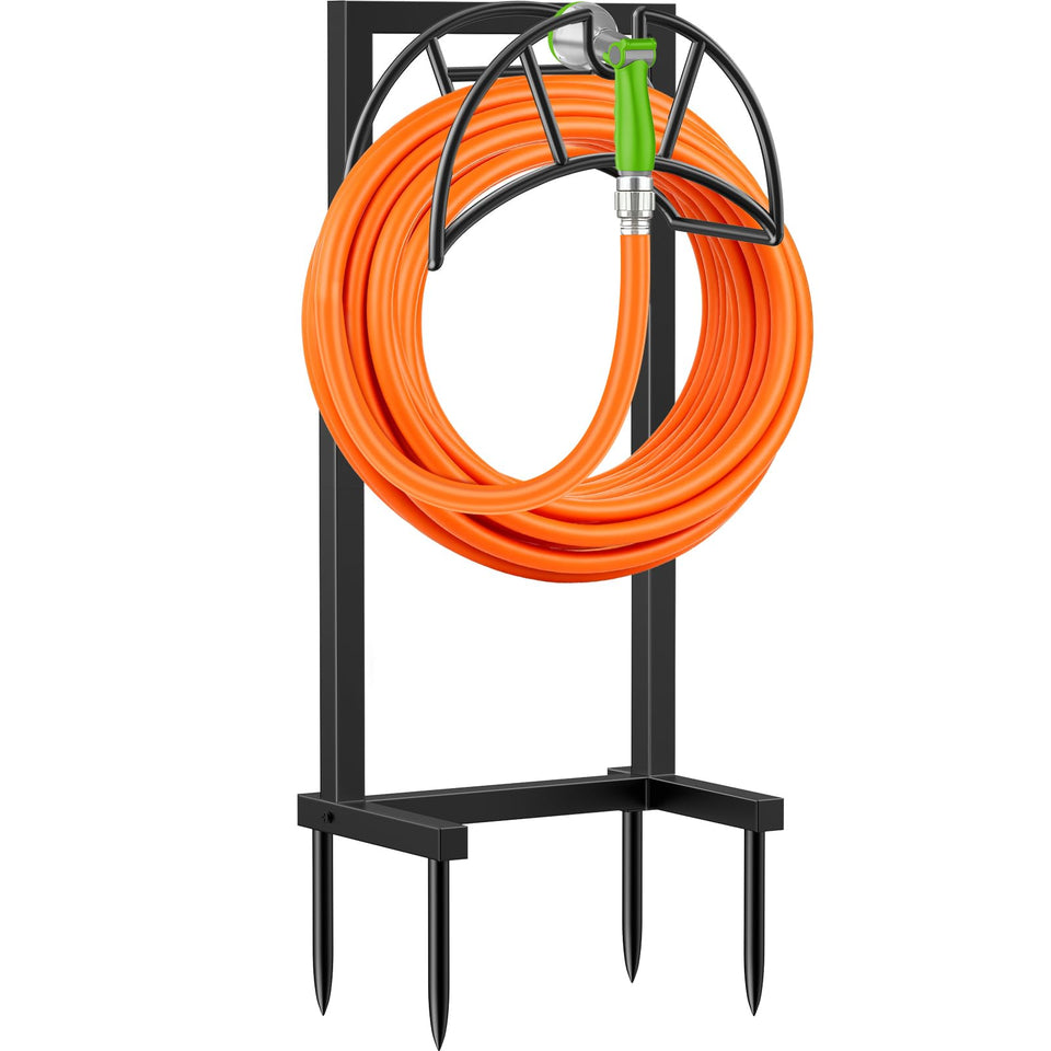 TomCare garden hose holder displaying a 160ft hose in a yard, organized and tangle-free.