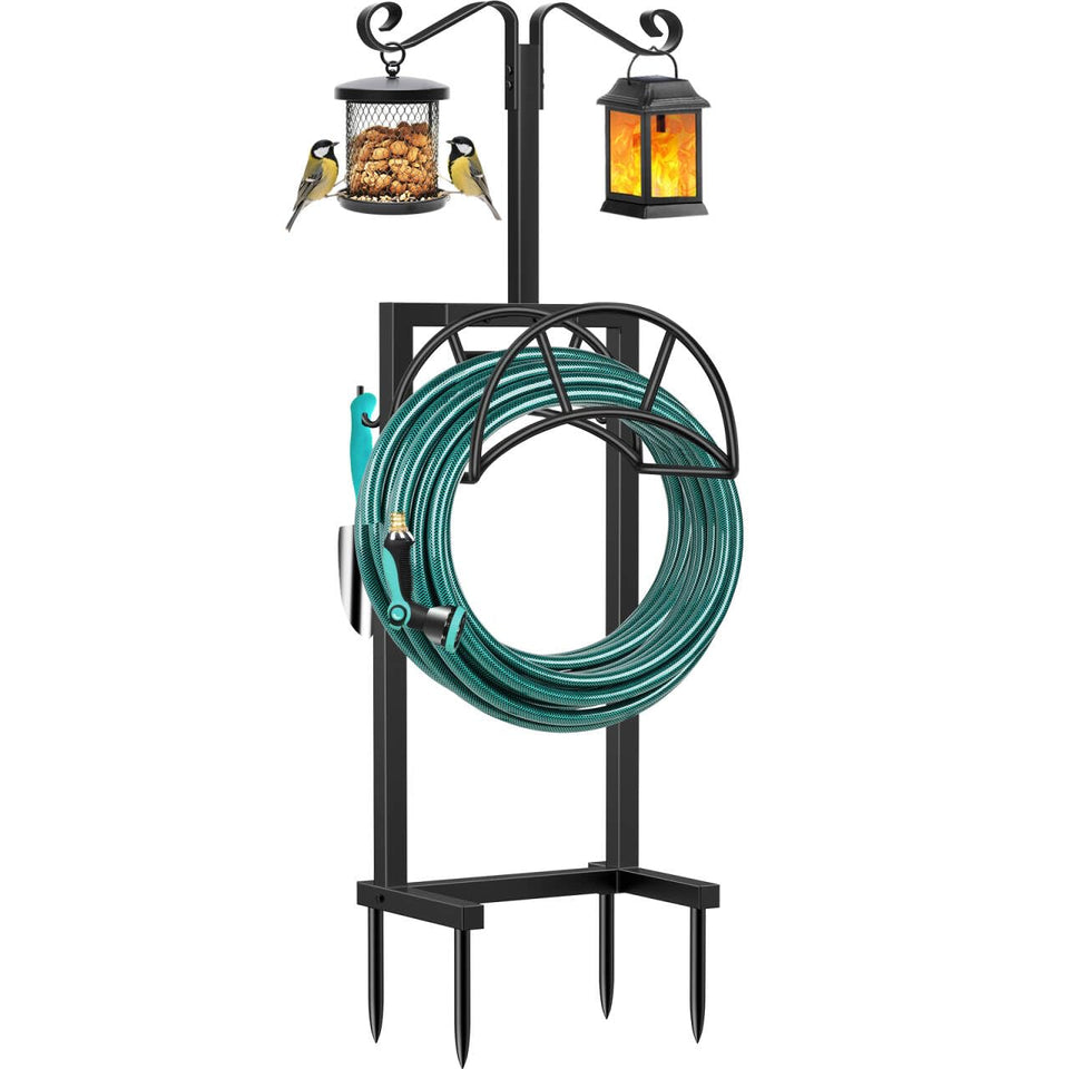 TomCare garden hose holder with 4 spikes for stable outdoor storage of hoses.