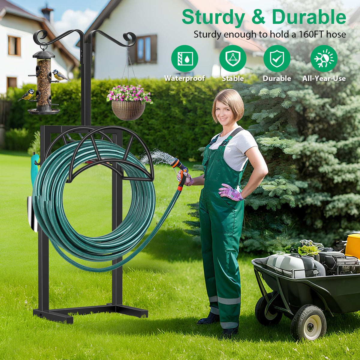 TomCare heavy-duty metal construction for durable outdoor hose storage.