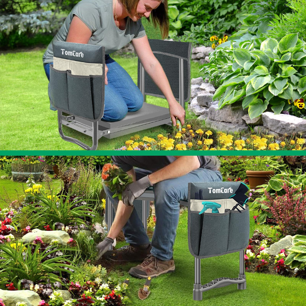 TomCare non-slip feet stabilize kneeler on uneven ground