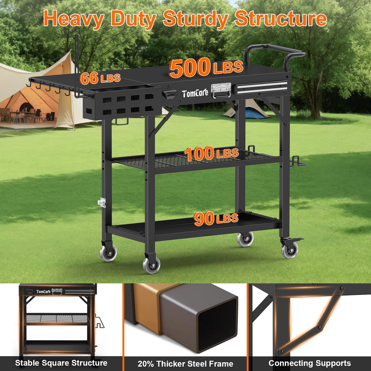 TomCare grill table with 3-tier storage shelves keeps tools organized.