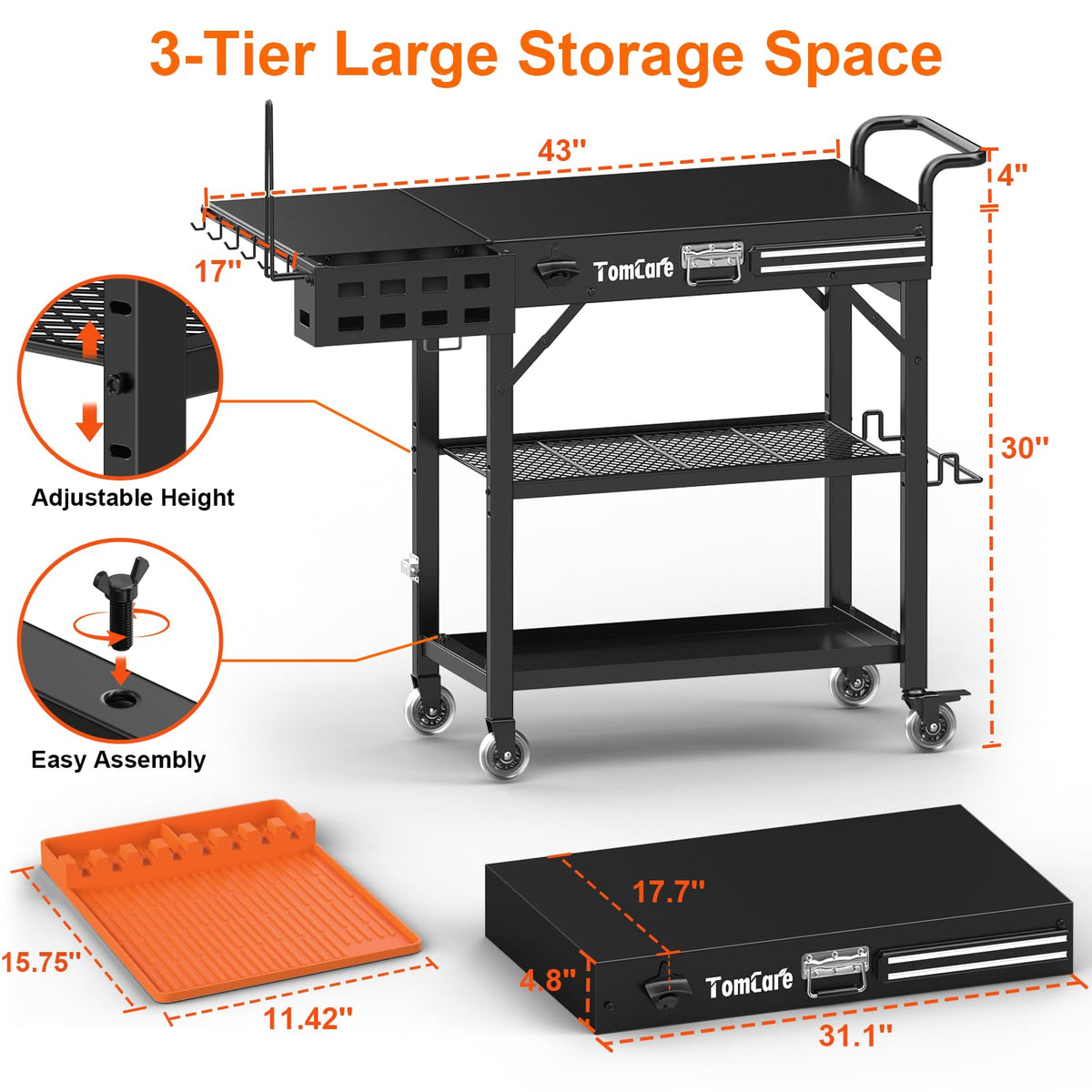TomCare grill table with lockable wheels stays stable during cooking.