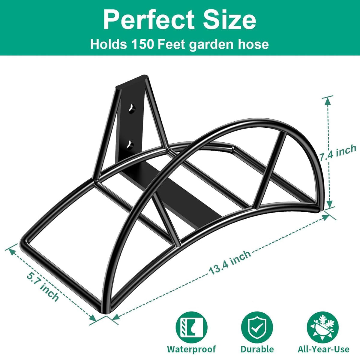 TomCare heavy-duty metal hose holder highlights durable construction for long outdoor use.