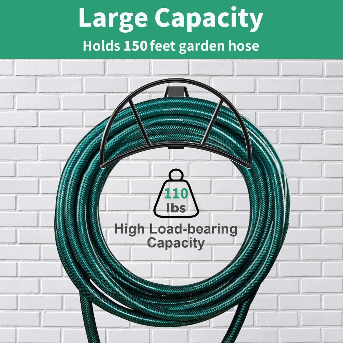 TomCare hose holder supports up to 150ft hoses with sturdy bearing capacity.