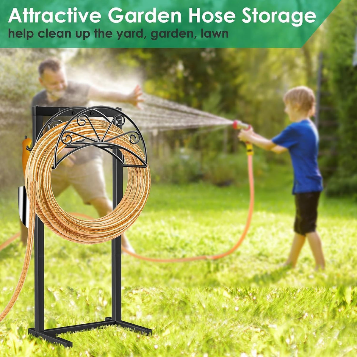 TomCare hose holder in black finish blends with outdoor decor.