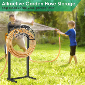 TomCare hose holder in black finish blends with outdoor decor.