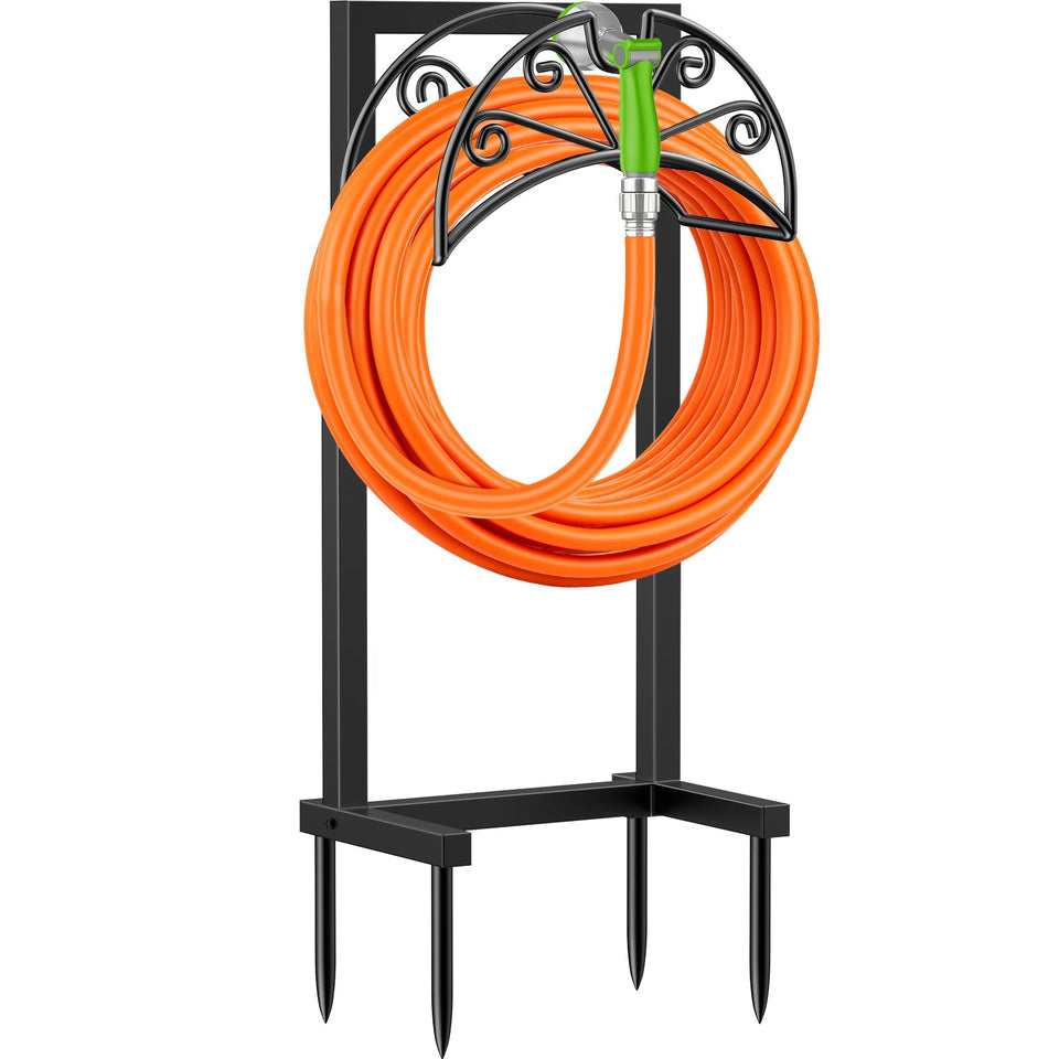 TomCare hose holder front view shows sturdy freestanding design for outdoor organization