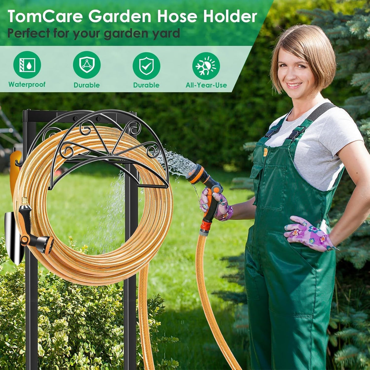TomCare hose holder enhances garden organization and aesthetic appeal.