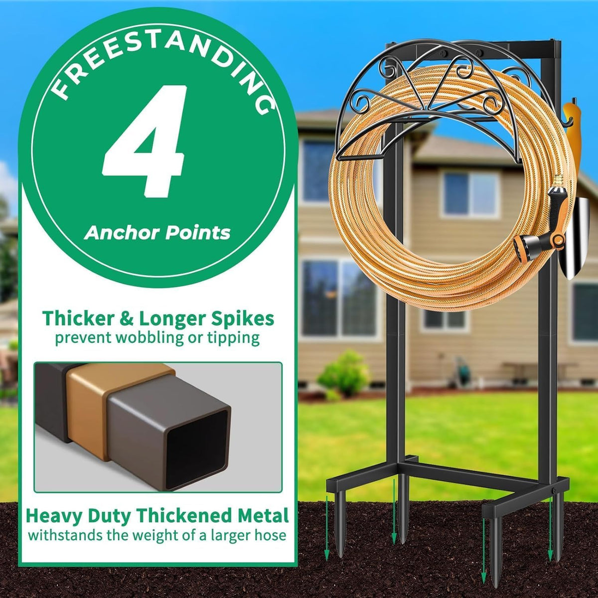 TomCare hose holder includes ground spikes for sturdy outdoor stability.