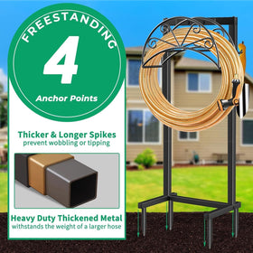 TomCare hose holder includes ground spikes for sturdy outdoor stability.