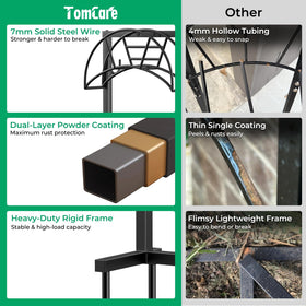 TomCare hose holder with tool hooks keeps sprinklers and rakes within reach.