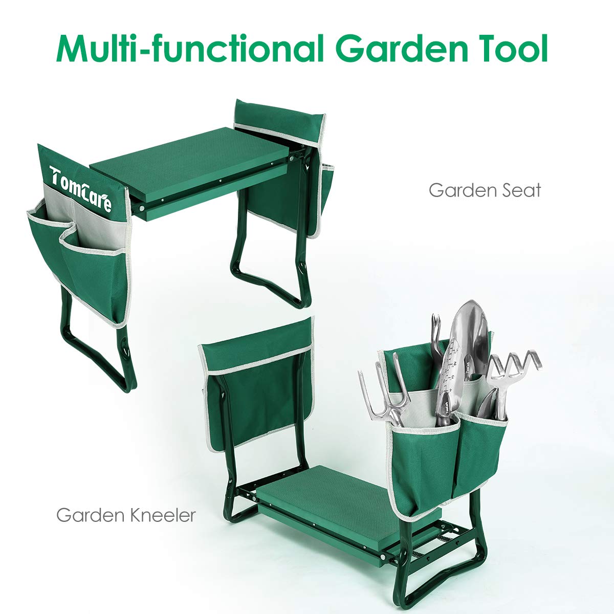 TomCare kneeler-seat converts to a soft chair for rest breaks.
