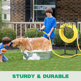 TomCare freestanding hose reel in a yard ready for use
