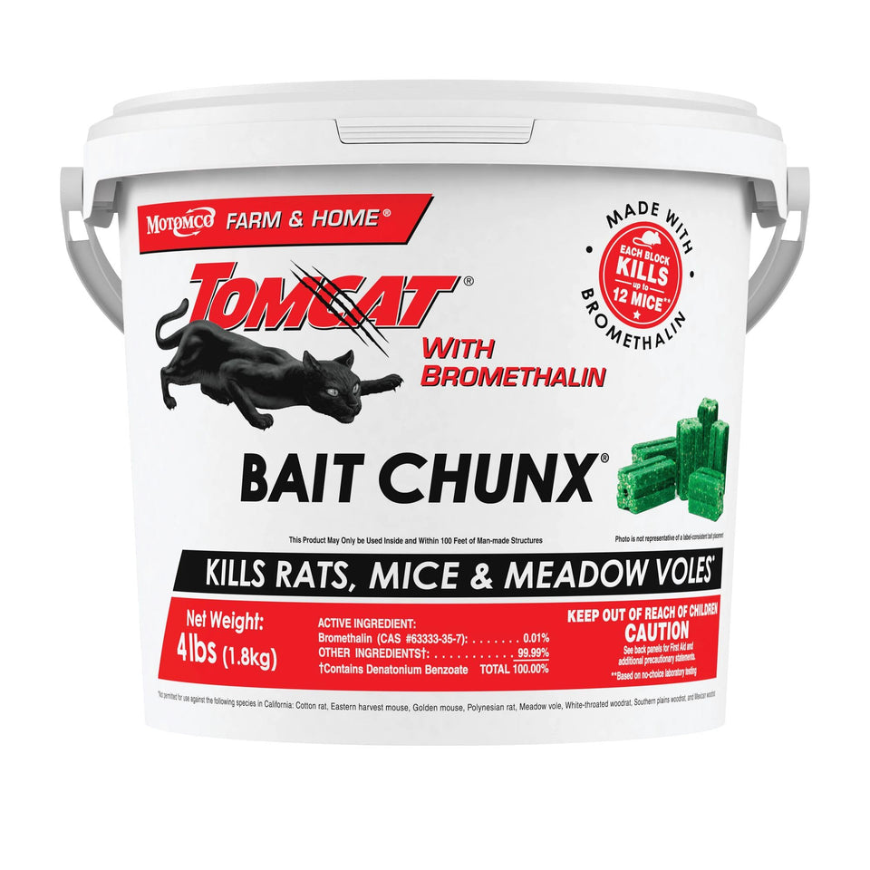 Tomcat Bromethalin Bait Chunx packaging ready for agricultural deployment