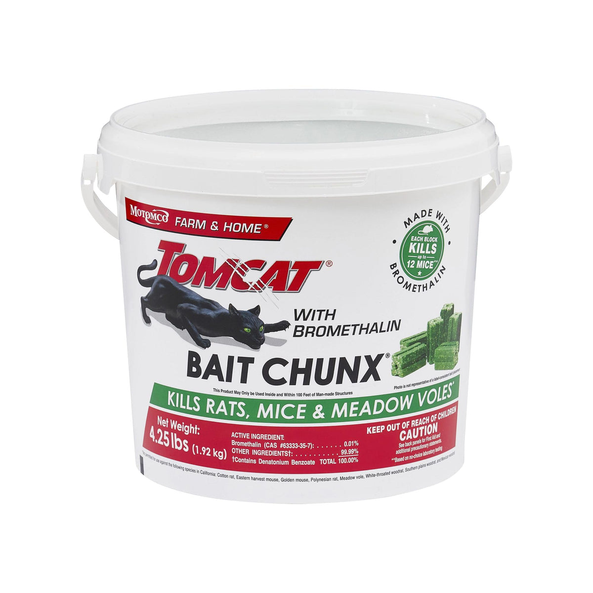Tomcat bromethalin bait Chunx Pail blocks for indoor and outdoor rodent control.