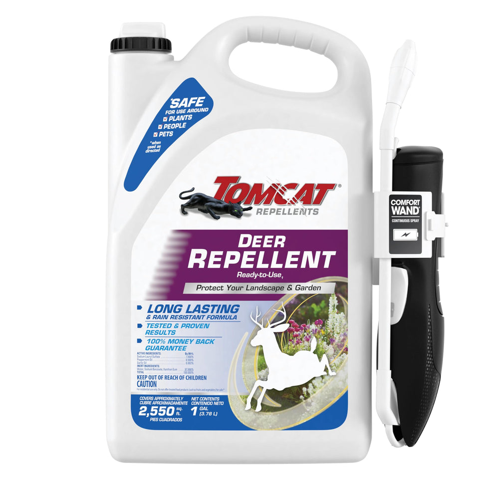 Tomcat deer repellent bottle protecting landscapes from deer and rabbits.