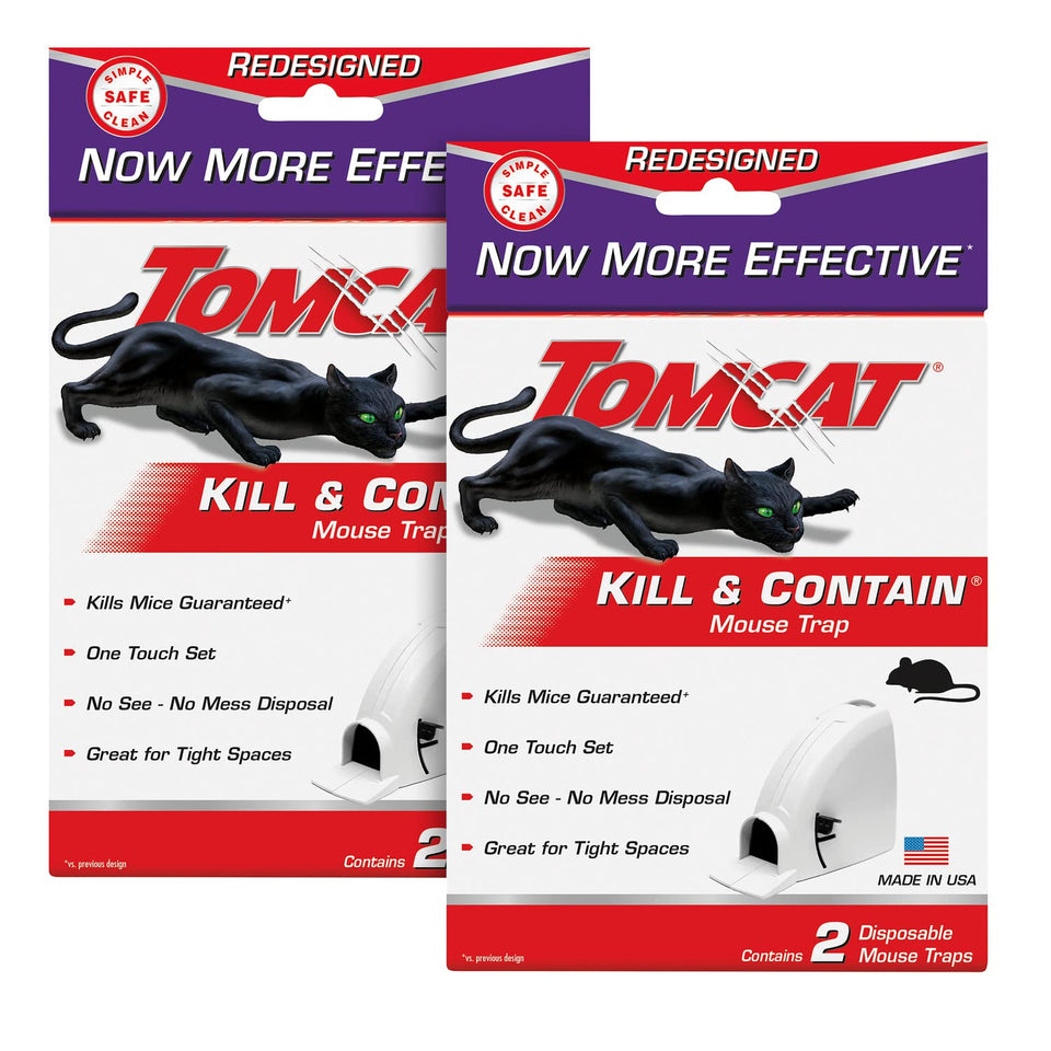 Tomcat Kill & Contain mouse trap, front view, compact design for tight spaces.