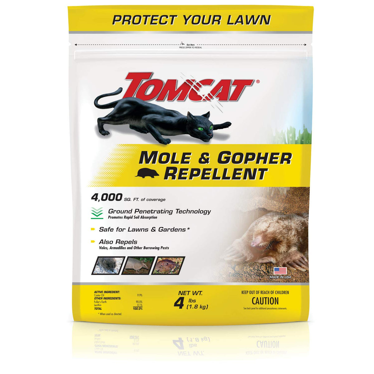 Tomcat Mole & Gopher Repellent Granules packaging helps protect lawns from burrowing pests.