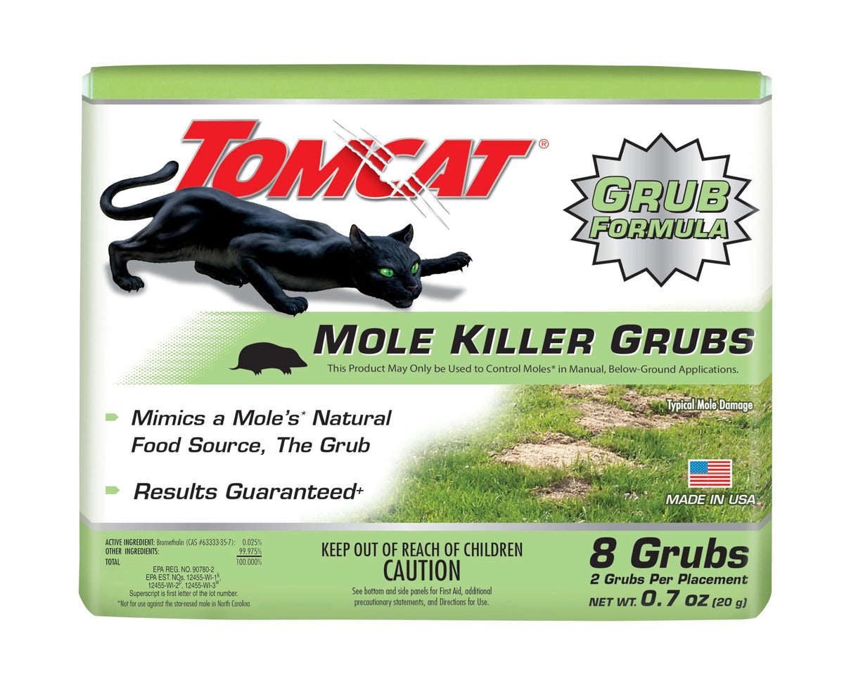 Tomcat Mole Killer Grubs packaging shows ready-to-use lawn bait.