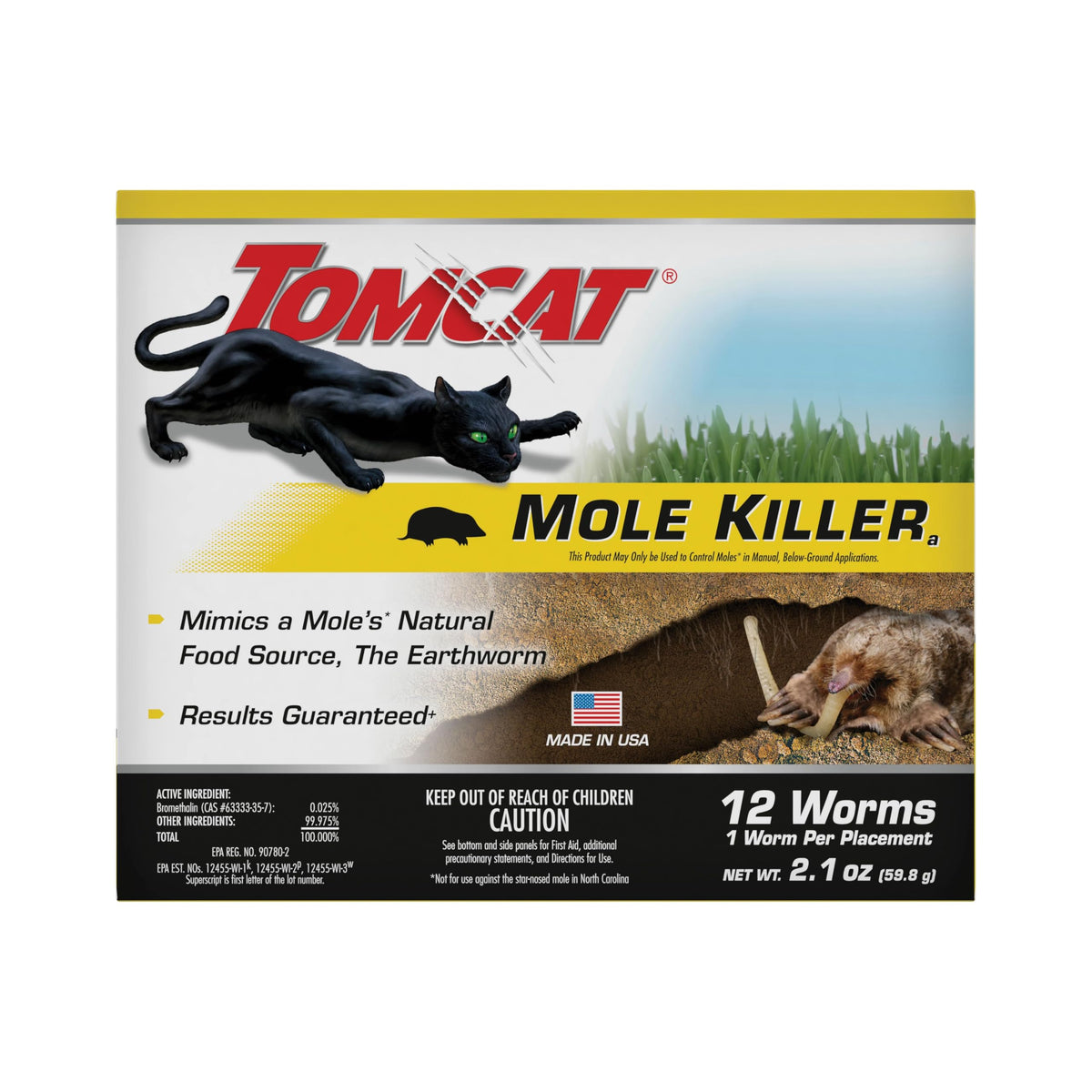 Tomcat Mole Killer worm baits on an active mole runway for lawn protection