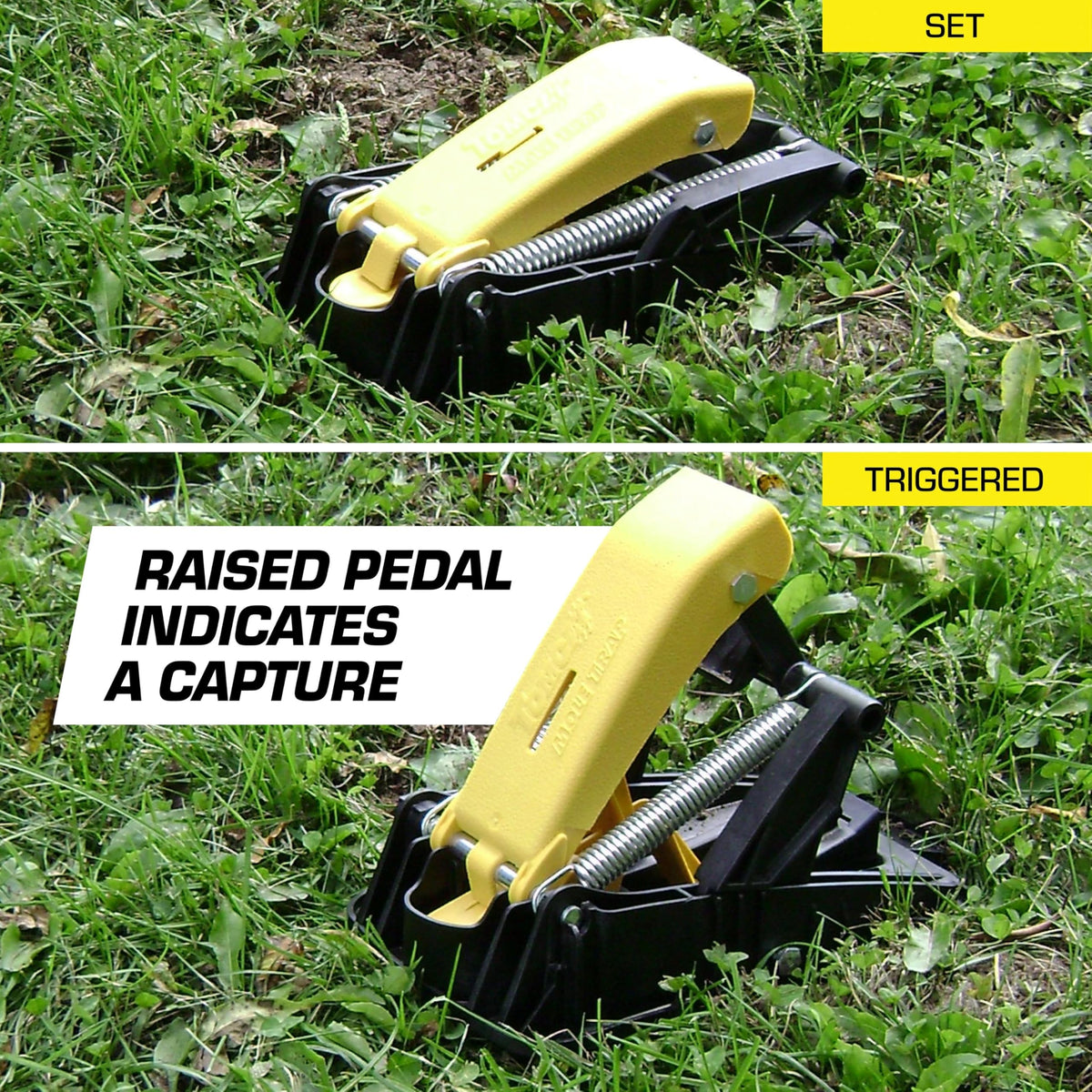 Tomcat Mole Trap yellow foot pedal for fast, reliable setting.