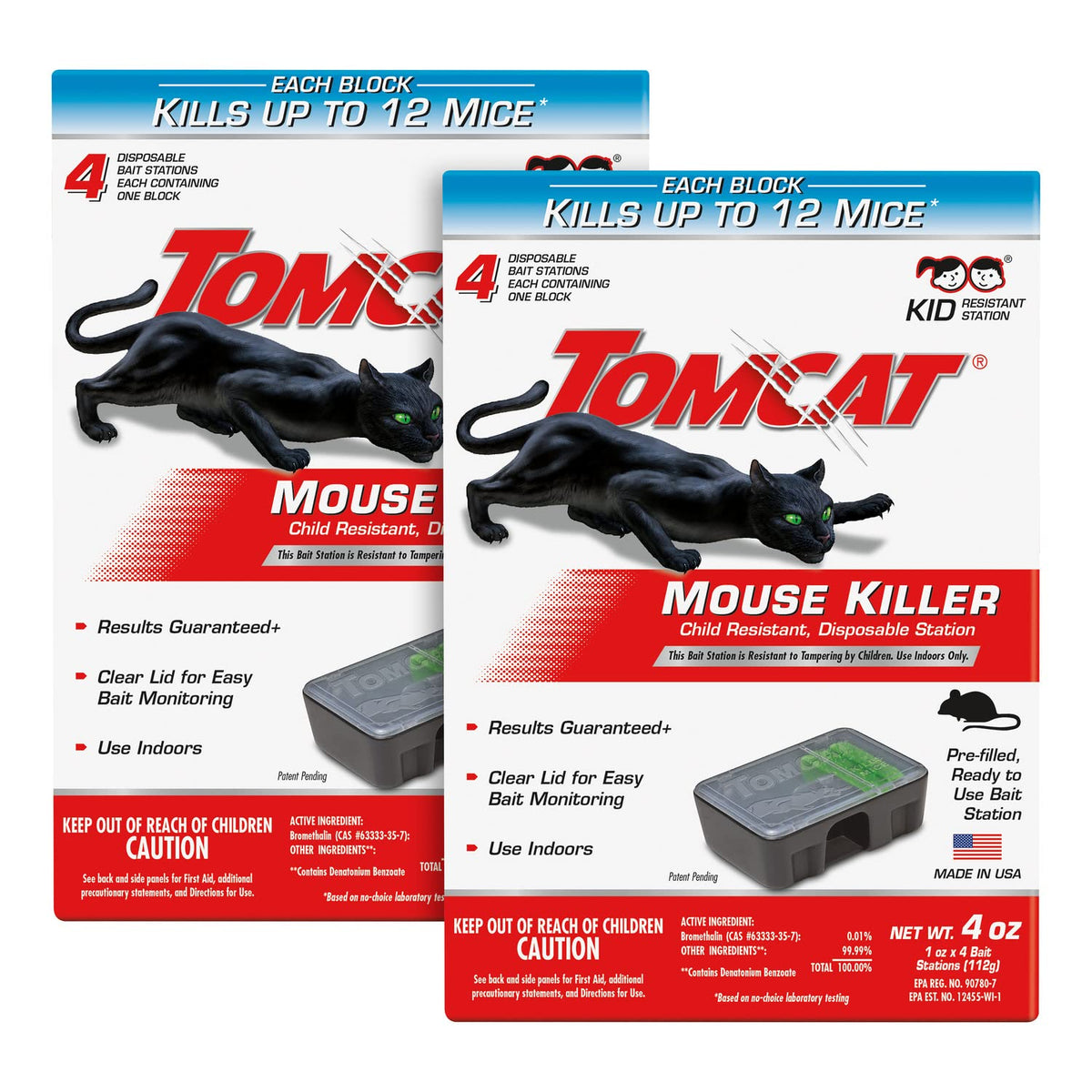 Tomcat Mouse Killer station front view, compact and child-resistant for indoor use.