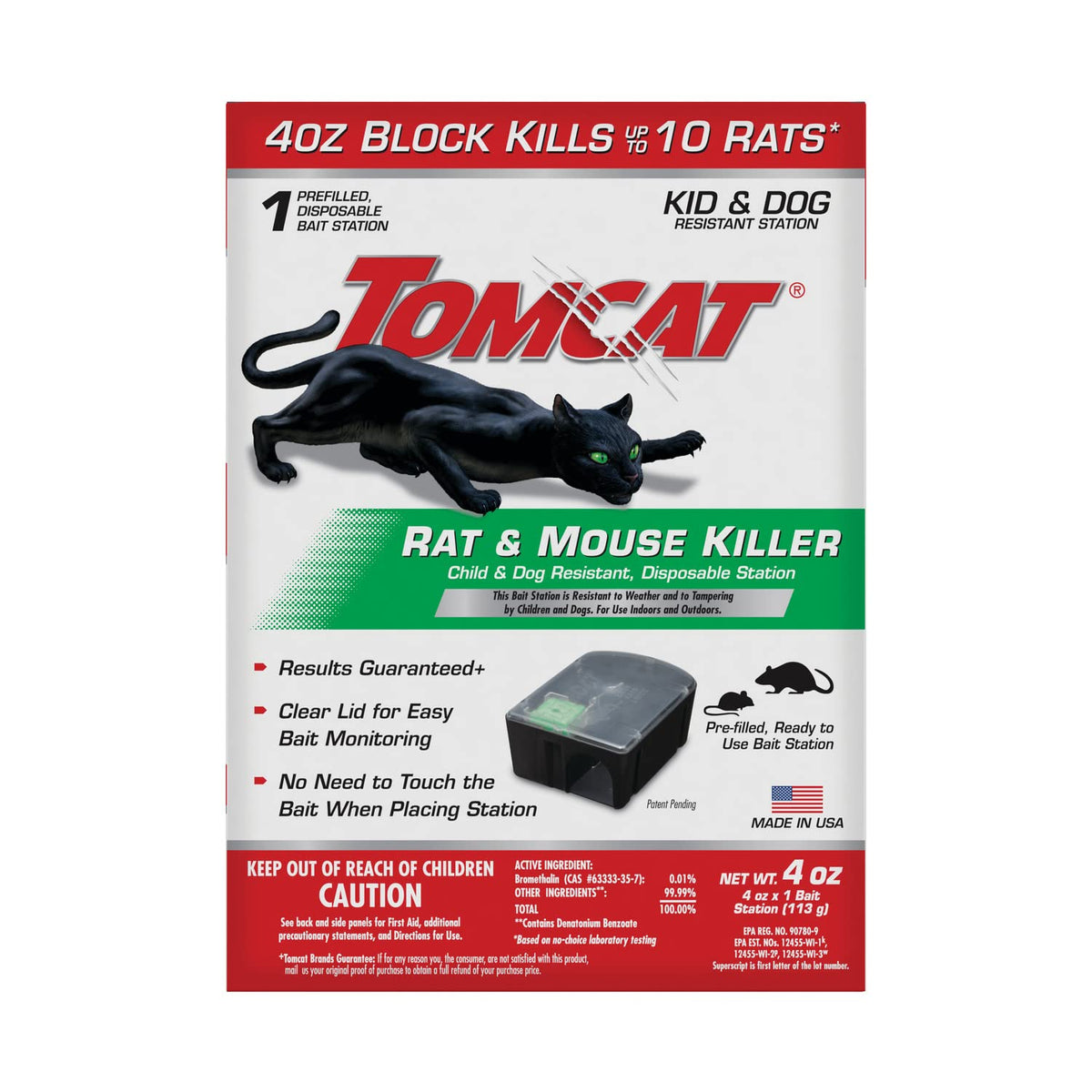 Tomcat Rat & Mouse Killer front-view bait station demonstrates ready-to-use setup for fast rodent control.