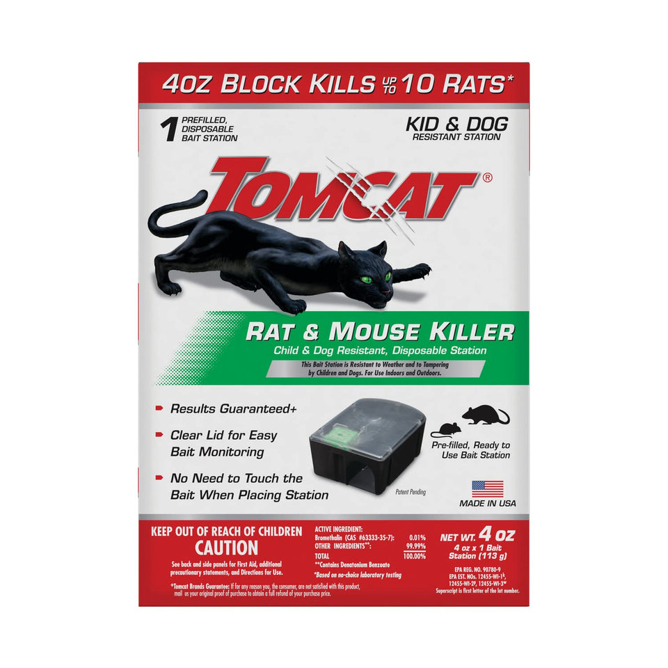 Tomcat Rat & Mouse Killer front-view bait station demonstrates ready-to-use setup for fast rodent control.