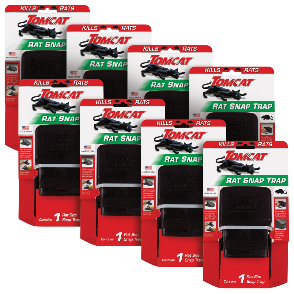 Tomcat Rat Snap Trap 8-pack product shot showing compact reusable design for easy control