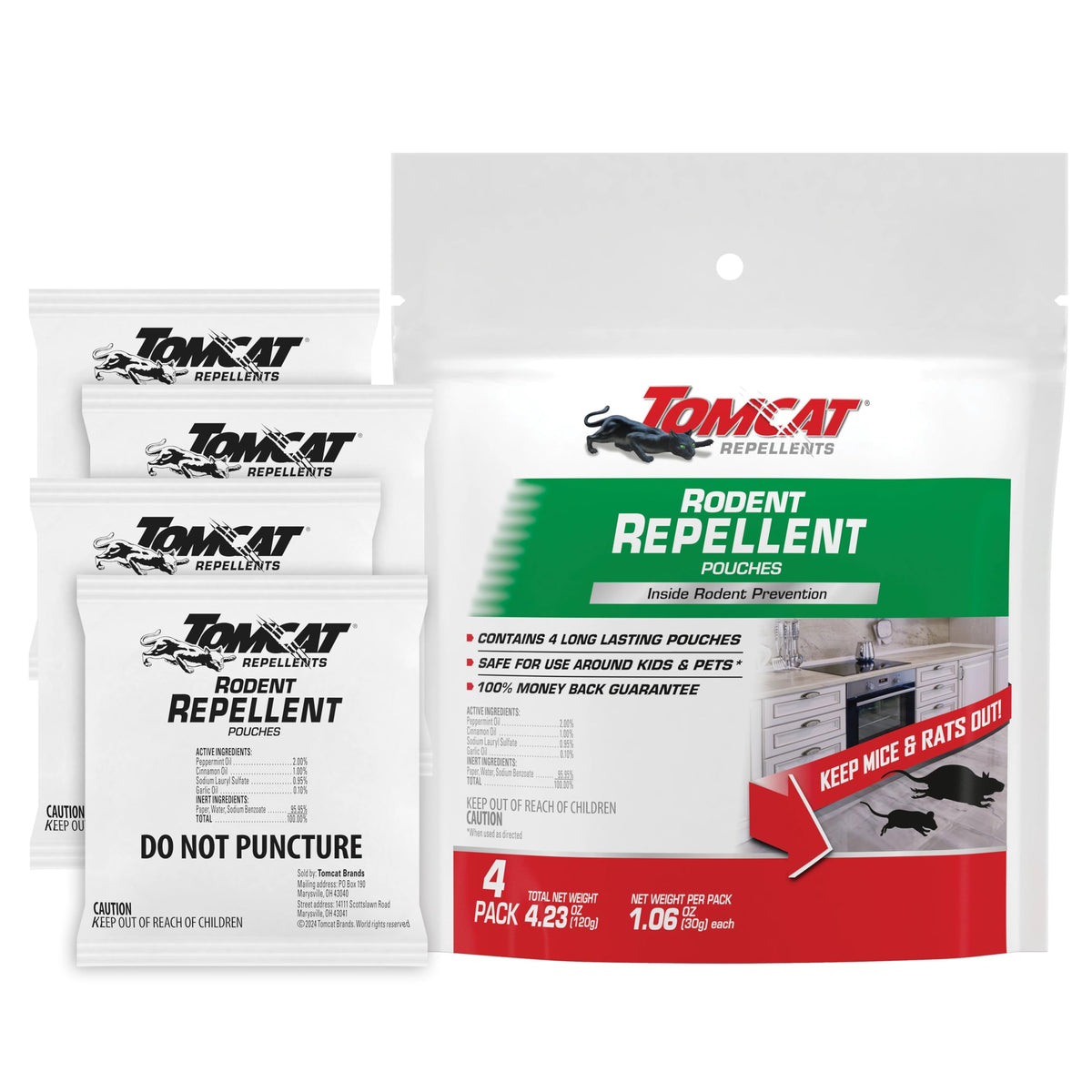 Tomcat Repellent Pouches ready-to-use protect indoors from rodents without prep.