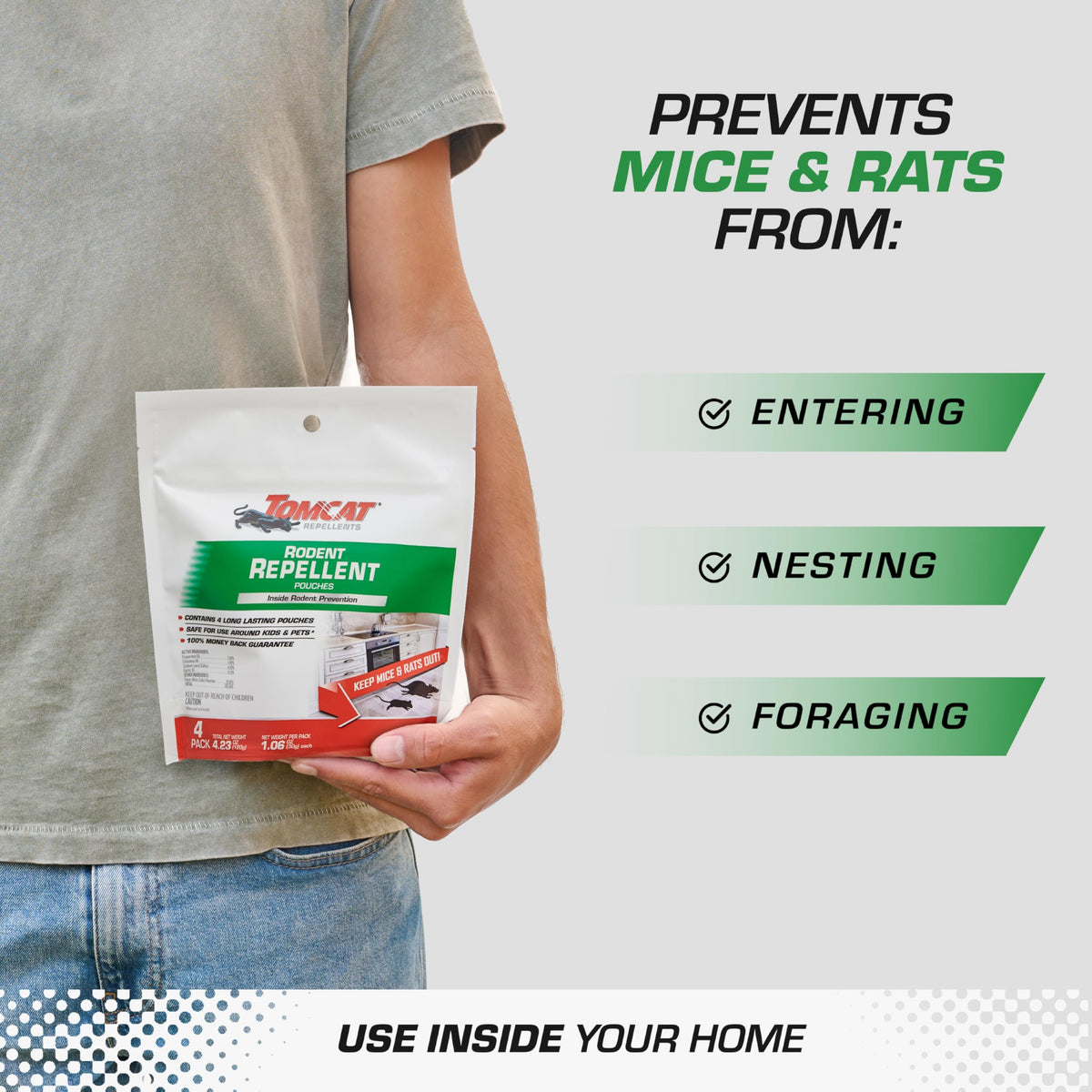Tomcat Repellent Pouches under sink create an interior shield against mice.