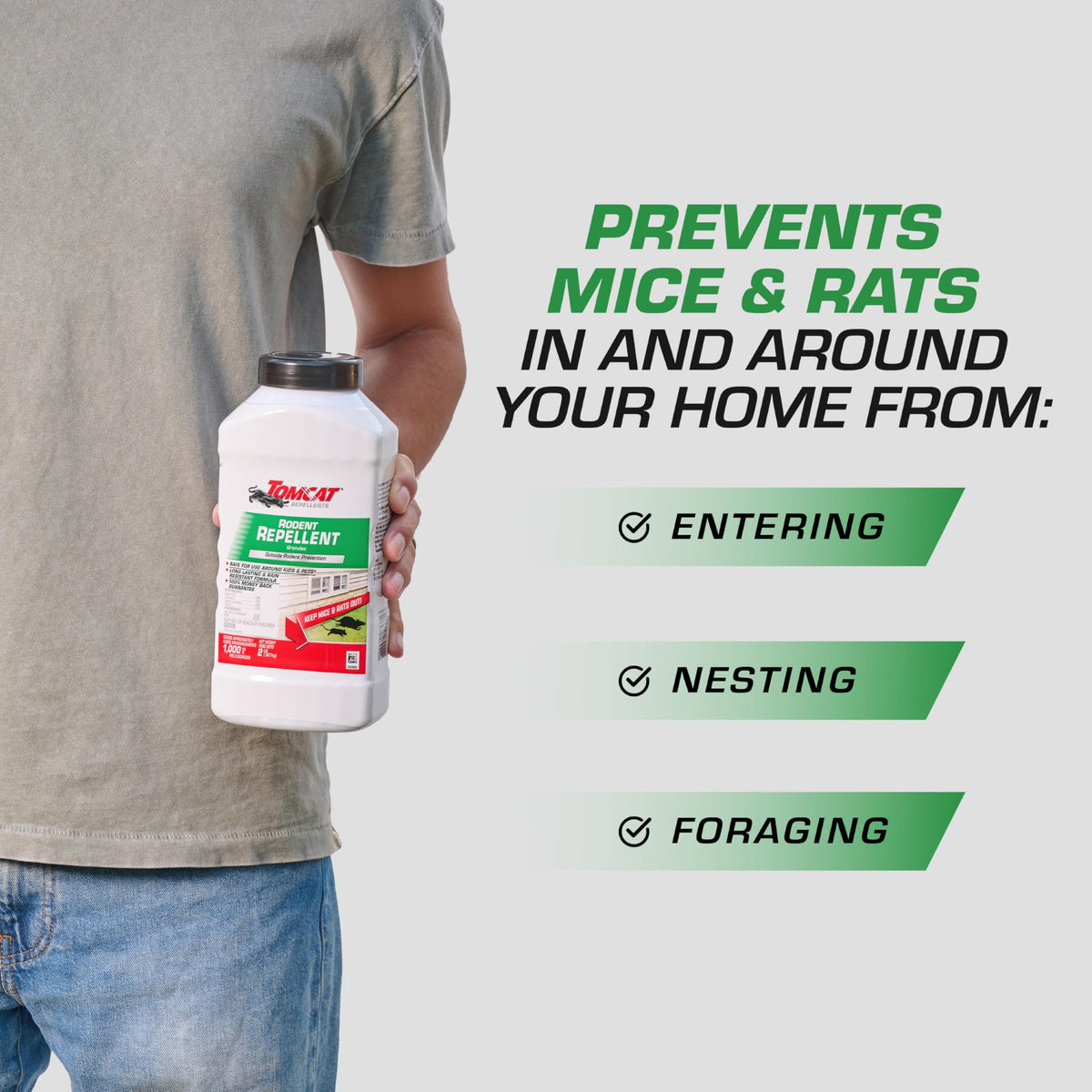 Tomcat Repellents 2 lb container shown for long-lasting outdoor protection.