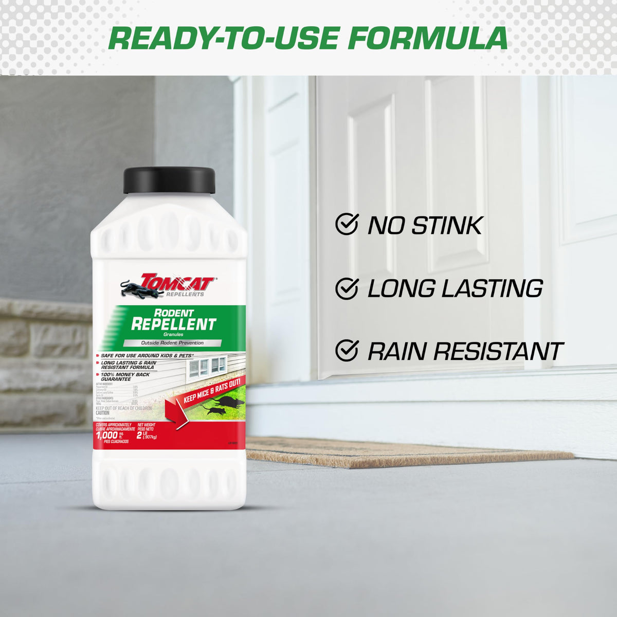 Rain-resistant Tomcat granules continue to deter rodents after rain.