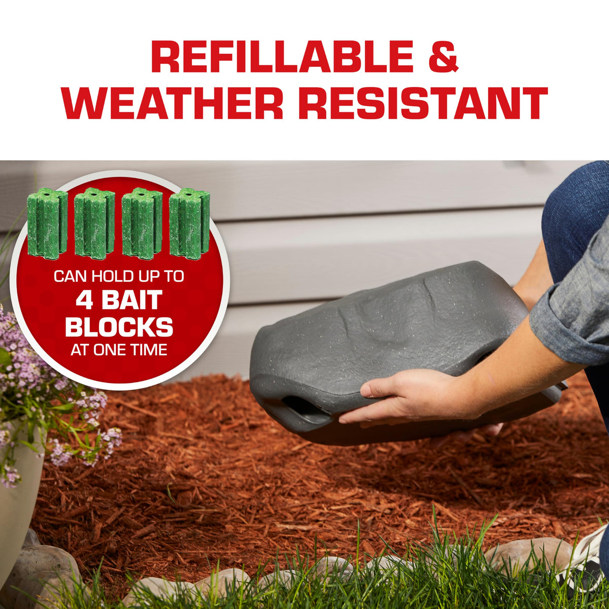 Tomcat Rockscape is refillable for ongoing outdoor rodent management.