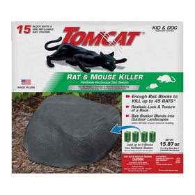 Tomcat Rockscape bait station blends with outdoor scenery for discreet control.