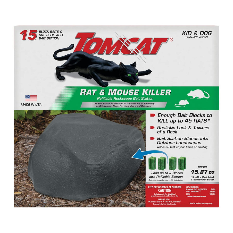 Tomcat Rockscape bait station blends with outdoor scenery for discreet control.