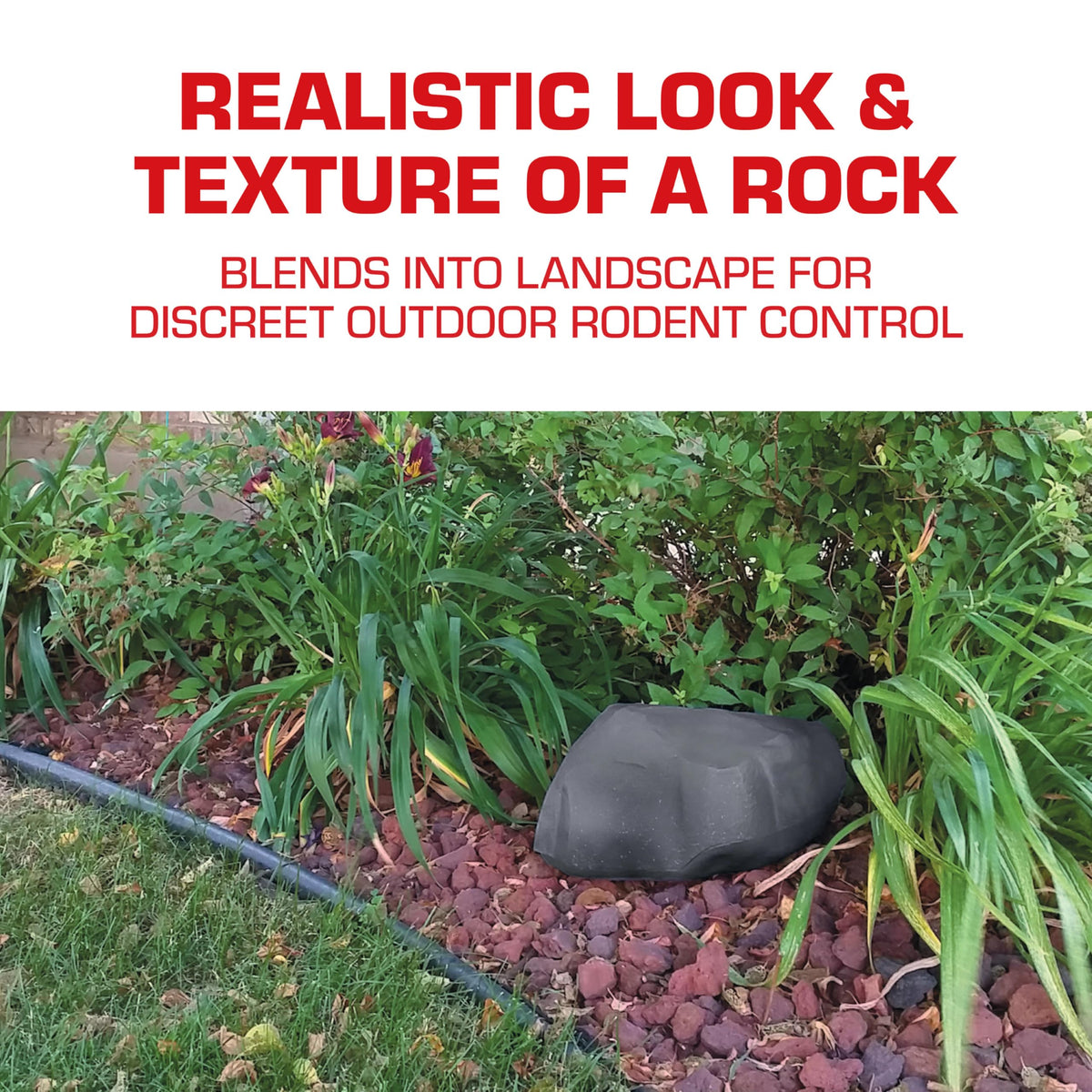 Tomcat Rockscape bait station withstands weather for reliable outdoor use.