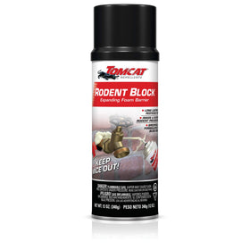 Tomcat Rodent Block barrier bottle sealing gaps with expanding foam.