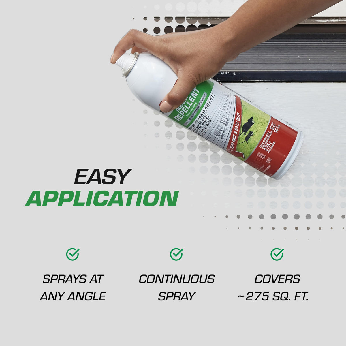 Tomcat Rodent Repellent Spray around doors, windows, and vents to block entry.