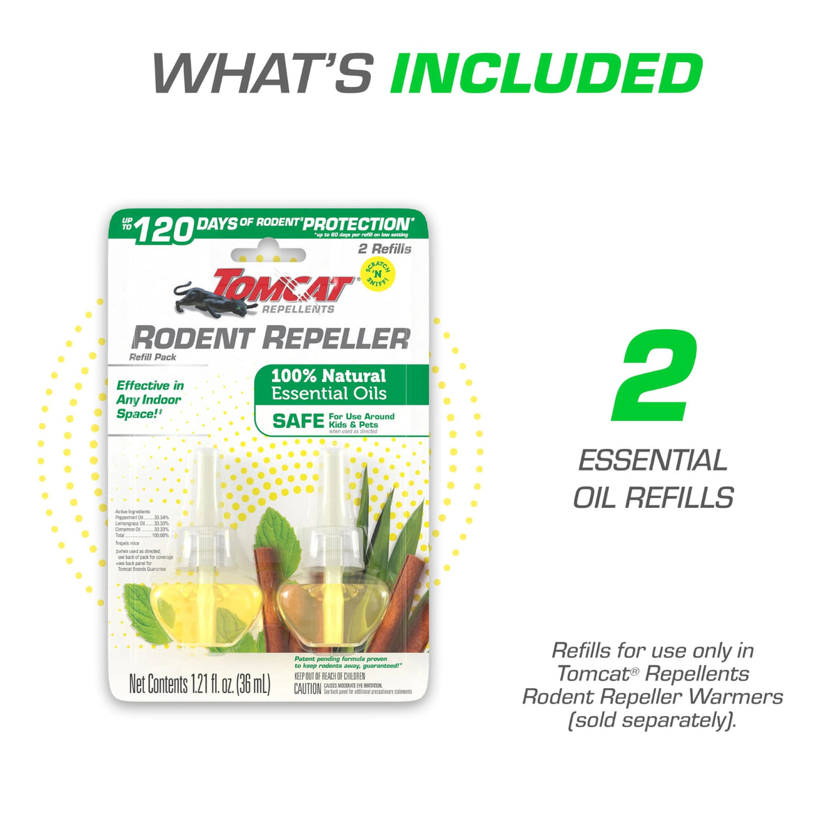 Tomcat Rodent Repeller fragrance bottle showing lemongrass cinnamon and peppermint aroma
