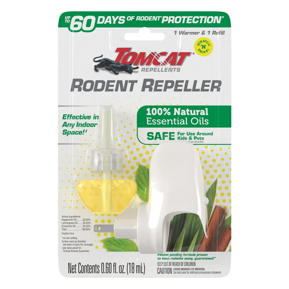 Tomcat Rodent Repeller warmer unit in package for easy setup and use.