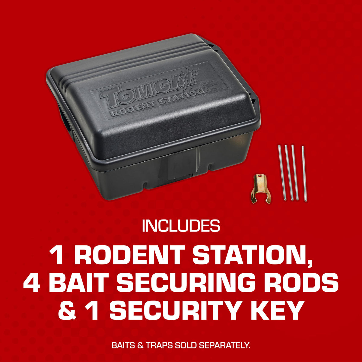 Tomcat Rodent Station closed lid with key emphasizing secure, child- and pet-safe design
