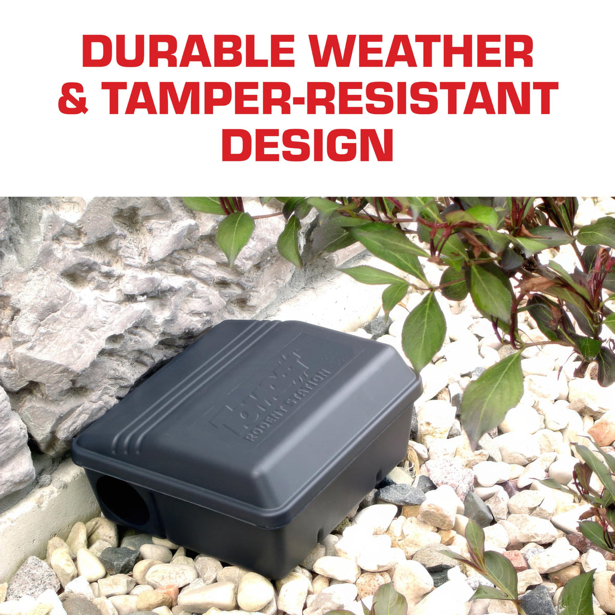 Tomcat Rodent Station open with four bait rods for easy bait securing