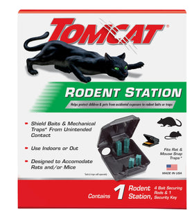 Tomcat Rodent Station packaging indicating indoor or outdoor use for rodent control
